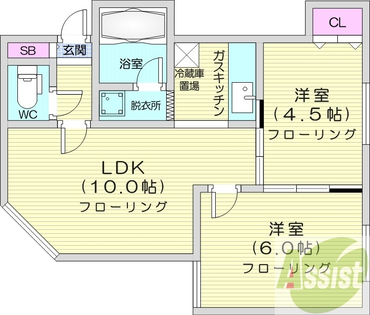 2LDK、灯油暖房、シャワー、バストイレ別