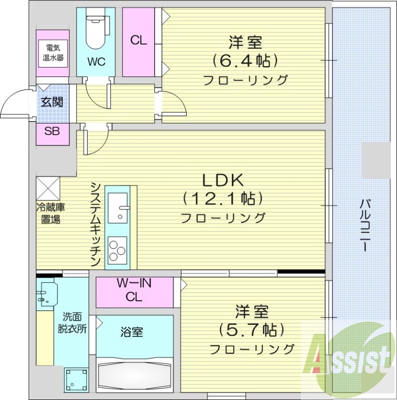 2DK、ガス給湯、エアコン、角部屋、床暖房、独立洗面台