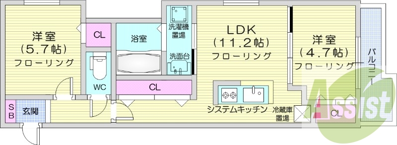 2LDK、都市ガス、追い焚き、システムキッチン