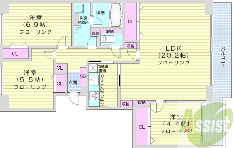 3LDK、都市ガス、システムキッチン、追い炊き