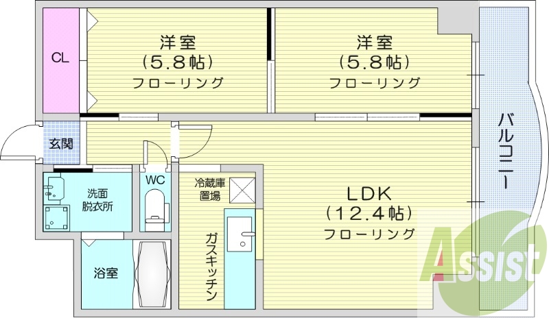 2LDK、オートロック、ペット相談可、灯油暖房