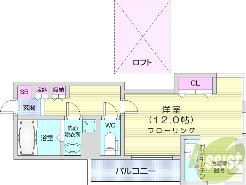 1R、角部屋、バストイレ別、オートロック、モニターホン