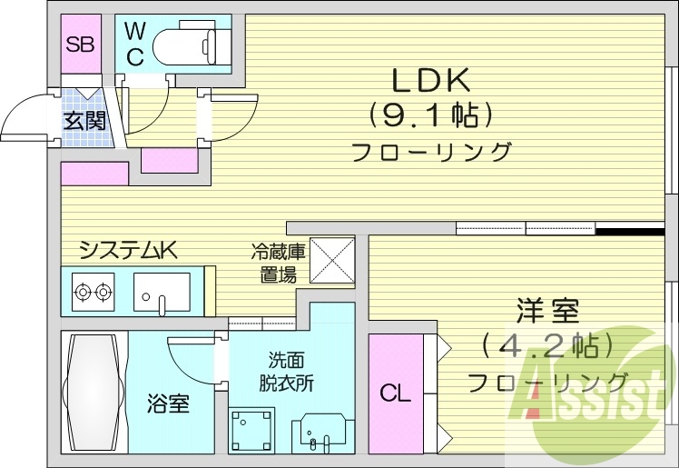 1LDK、エアコン、システムキッチン