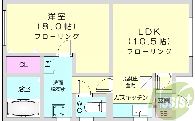 1LDK、バストイレ別、シューズボックス、独立洗面台、