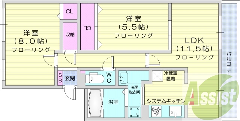 2LDK、都市ガス、システムキッチン、エアコン