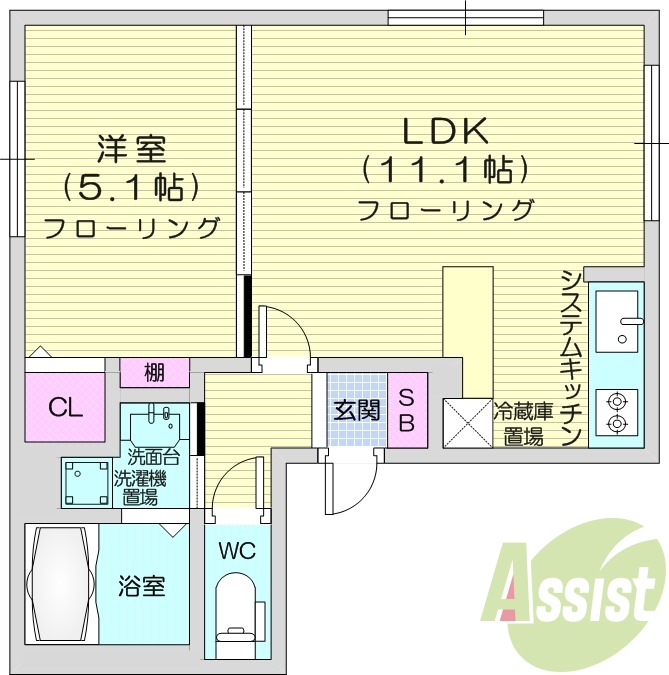 1LDK、都市ガス、システムキッチン、浴室乾燥機