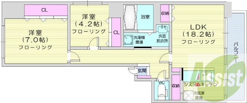 2LDK、都市ガス、浴室乾燥機、インターネット使用料無料