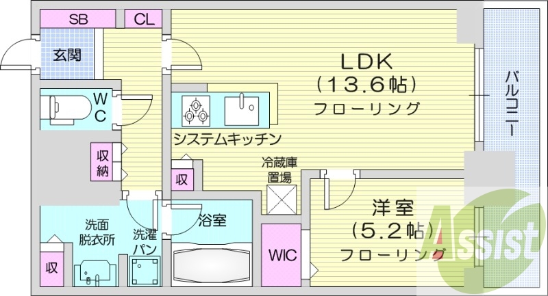 1LDK、システムキッチン、シャワートイレ、追い焚き