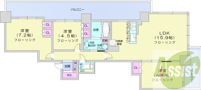 3LDK、システムキッチン、床暖房、シャワートイレ