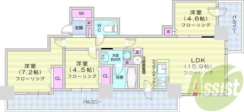 3LDK、分譲賃貸、床暖房、エアコン、食洗器、追い焚き