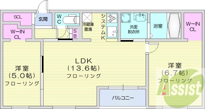 2LDK、都市ガス、エアコン、浴室乾燥機、追い焚き