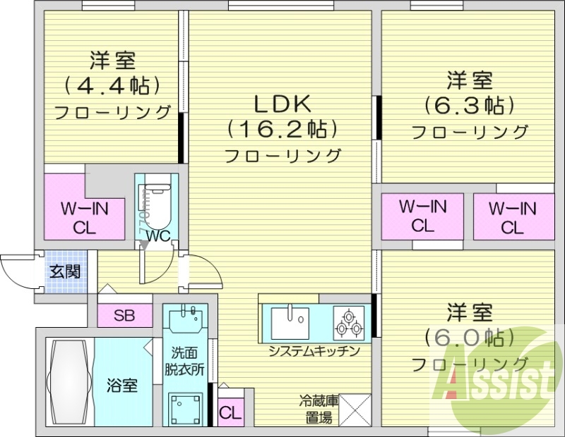 3LDK、エアコン、都市ガス、ペット飼育可