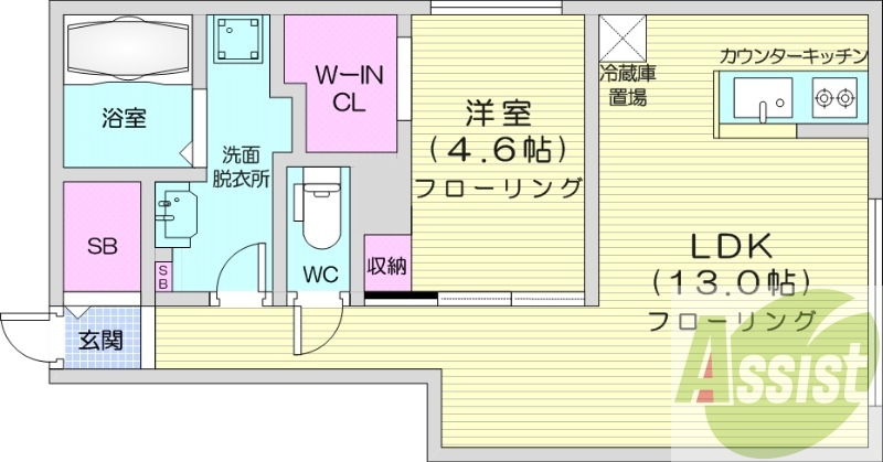 1LDK、エアコン、都市ガス、システムキッチン