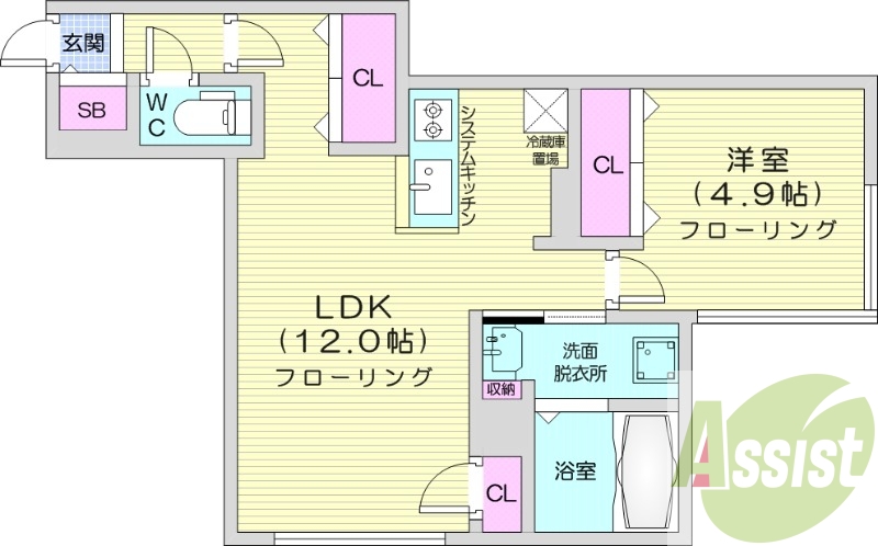 1LDK、エアコン、都市ガス、システムキッチン