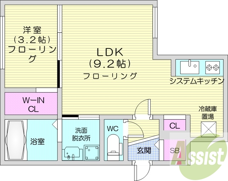 1LDK、エアコン、システムキッチン、独立洗面台