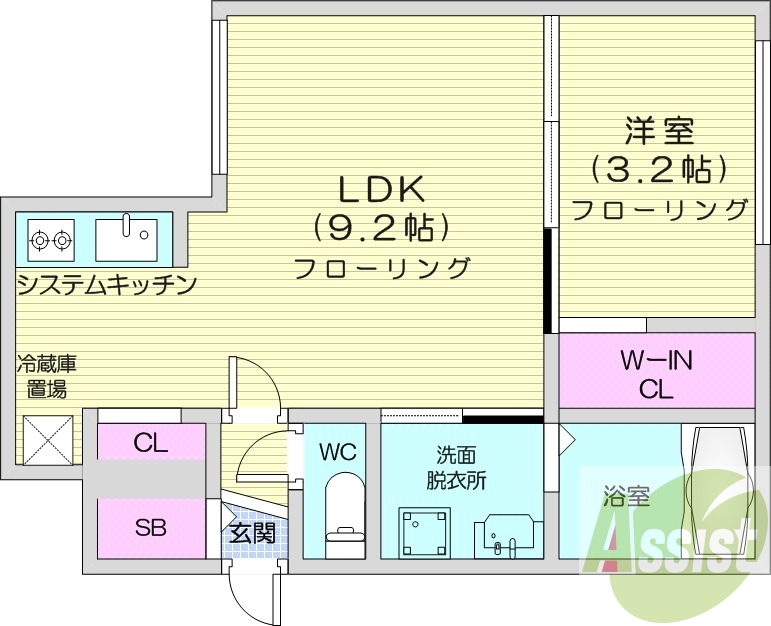 1LDK、エアコン、システムキッチン、独立洗面台