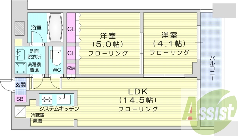 2LDK、都市ガス、追い焚き、浴室乾燥機、システムキッチン