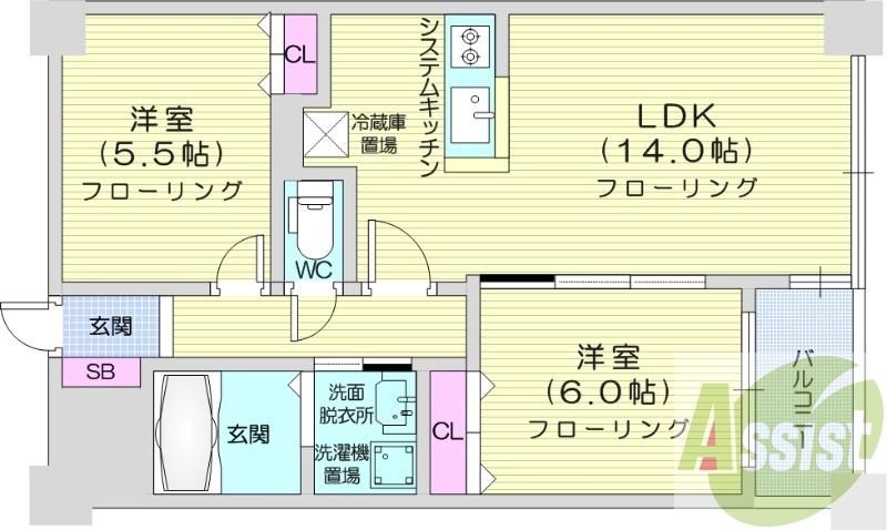 ２LDK、オートロック、宅配BOX、対面式キッチン