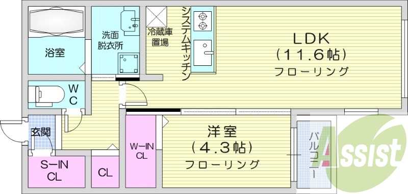 1LDK、都市ガス、エアコン、システムキッチン