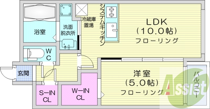 1LDK、都市ガス、エアコン、システムキッチン