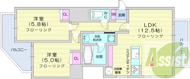 2LDK、エアコン、システムキッチン、浴室乾燥機