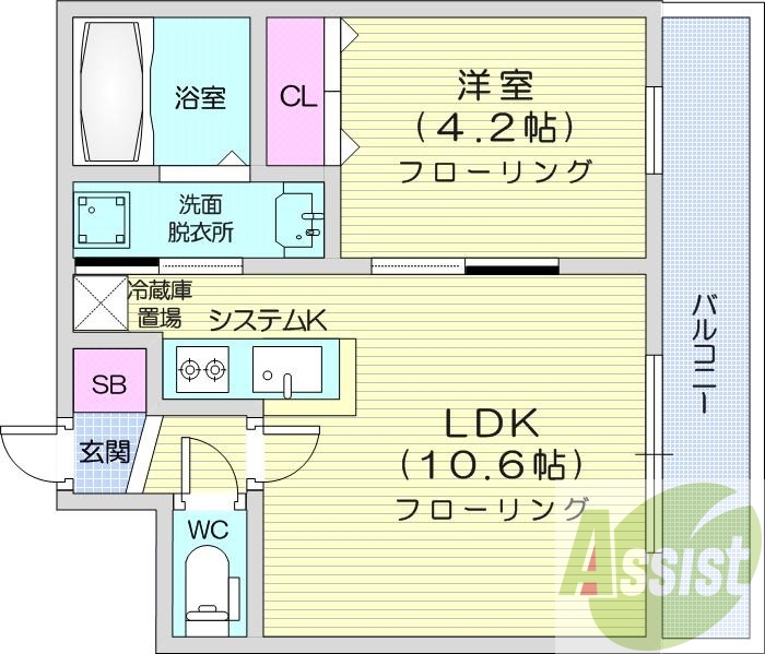 1LDK、エアコン、システムキッチン、ネット無料