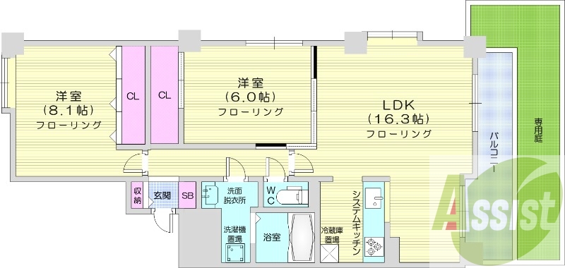 2LDK、バルコニー、システムキッチン、エアコン
