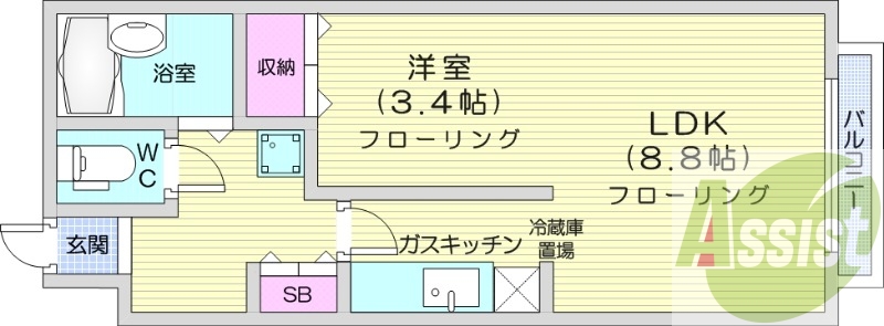 1LDK、エアコン、独立洗面台、灯油暖房