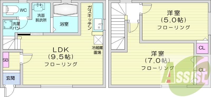 2LDK、独立洗面台、トランクルーム、灯油暖房