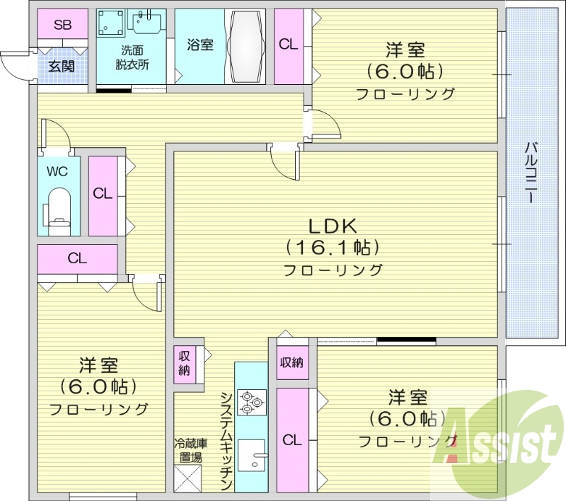 3LDK、都市ガス、エアコン、システムキッチン、追い焚き