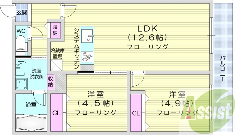 2LDK、都市ガス、エアコン、浴室乾燥機、追い焚き