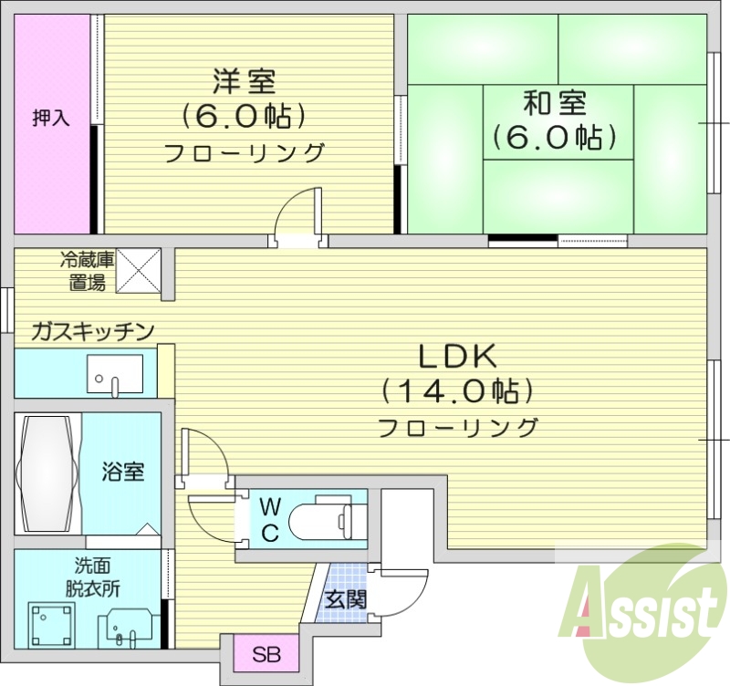 2LDK、エアコン、トランクルーム、灯油暖房