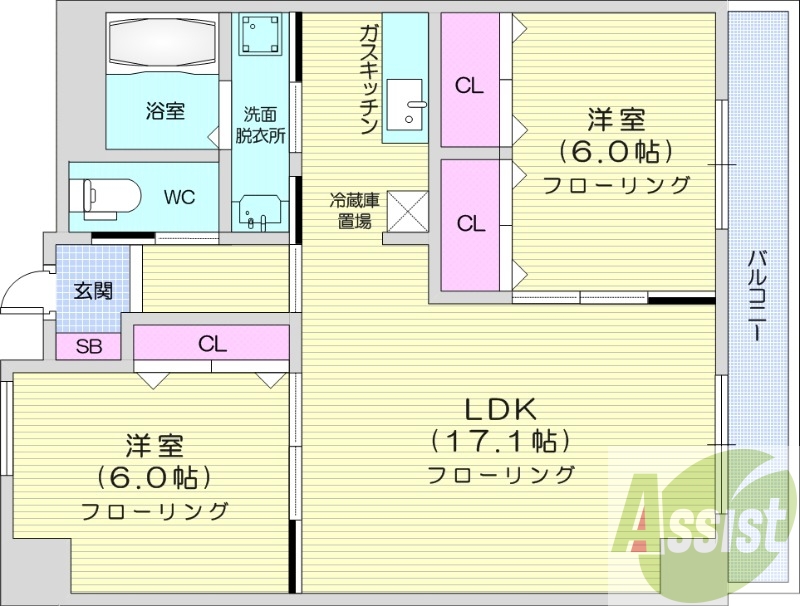 2LDK、都市ガス、ガス暖房、オートロック、防犯カメラ