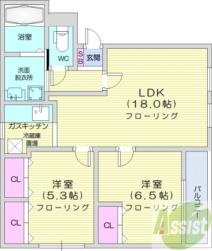 2LDK、オートロック、バス・トイレ別、暖房