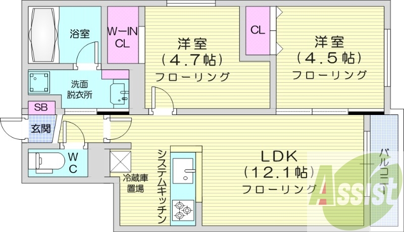 2LDK、エアコン、システムキッチン、追い焚き、ネット無料