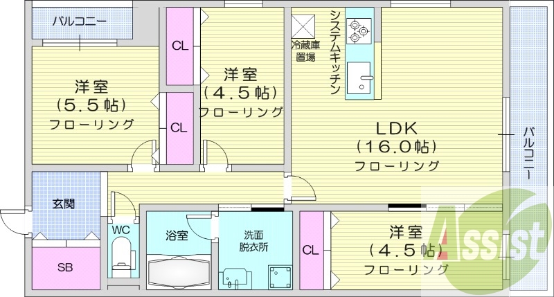 3LDK、エアコン、都市ガス、ペット飼育可能