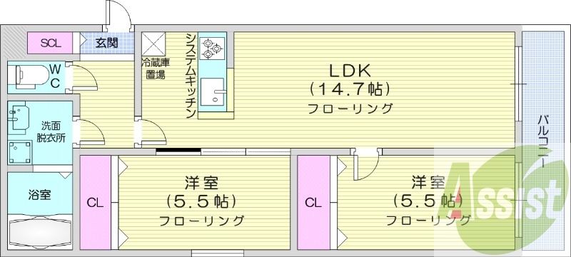 2LDK、都市ガス、エアコン、追い焚き、浴室乾燥機