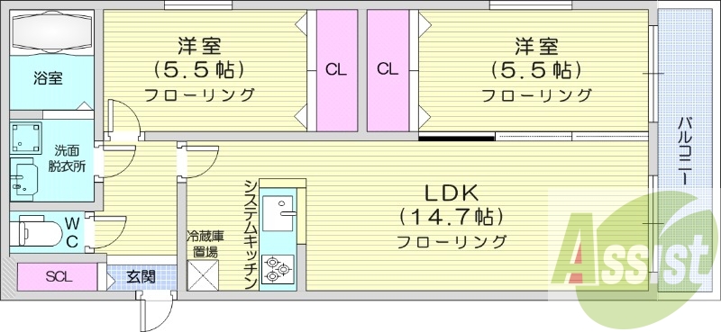 2LDK、都市ガス、エアコン、追い焚き、浴室乾燥機