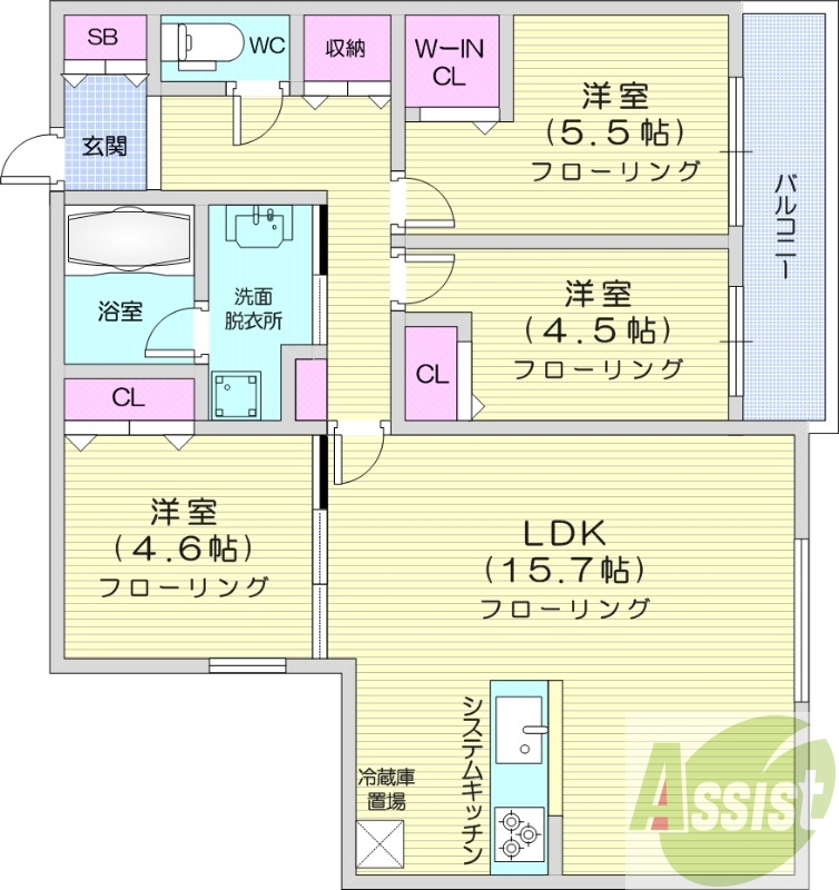 3LDK、エアコン、都市ガス、ペット飼育可能