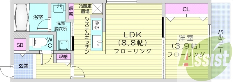 1LDK、都市ガス、エアコン、浴室乾燥機、ネット無料