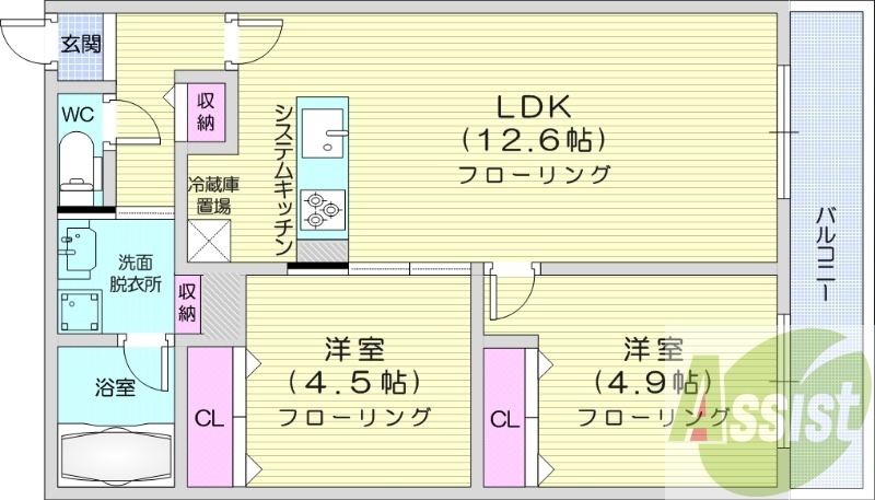 2LDK、都市ガス、エアコン、浴室乾燥機、追い焚き