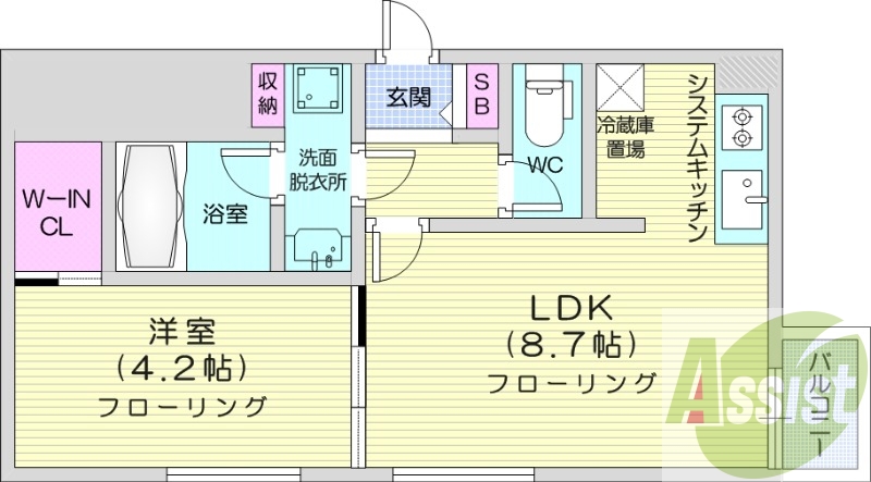 1LDK、都市ガス、エアコン、浴室乾燥機