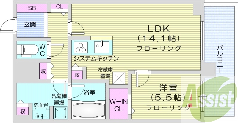 1LDK、都市ガス、追い焚き、床暖房、システムキッチン