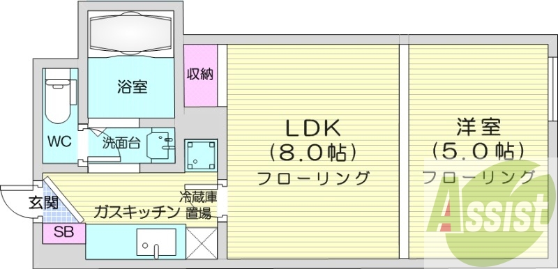 1LDK、オートロック、バストイレ別、独立洗面台