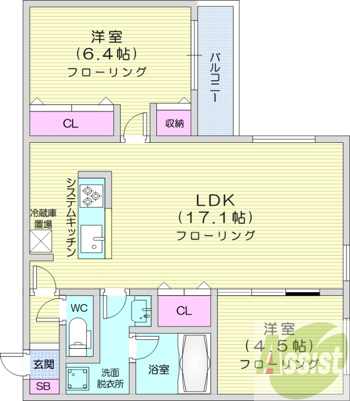 2LDK、エアコン、浴室乾燥機、システムキッチン