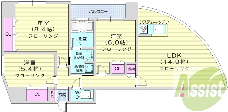 3LDK、都市ガス、ペット可、システムキッチン、宅配ボックス
