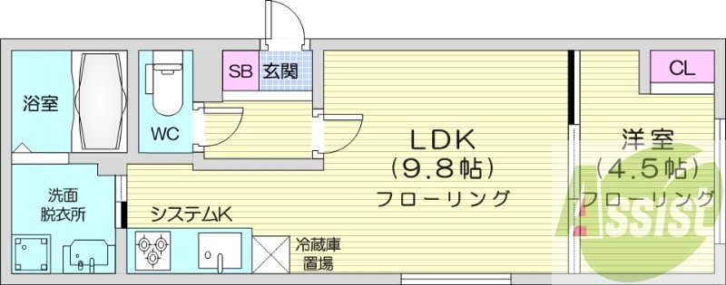 1LDK、エアコン、システムキッチン、独立洗面台