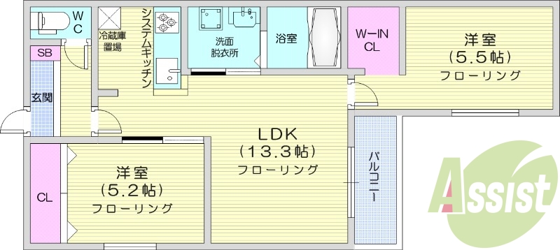 2LDK、都市ガス、エアコン、システムキッチン