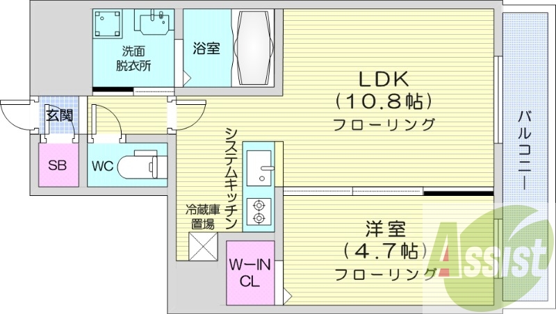 1LDK、エアコン、システムキッチン、ネット無料