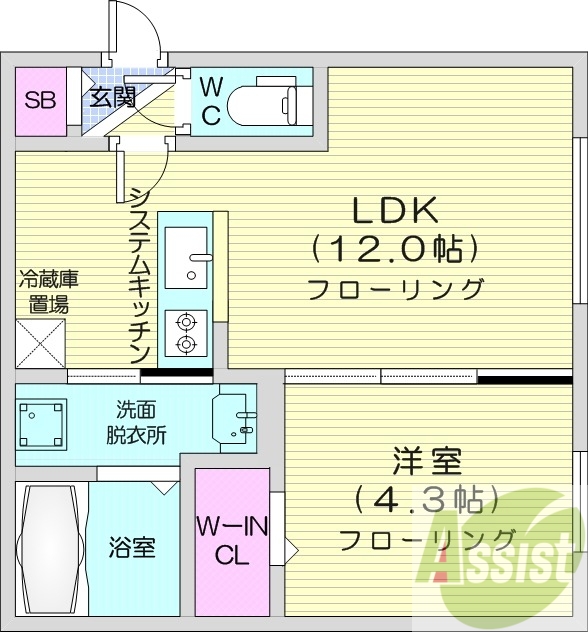 1LDK、エアコン、システムキッチン、ネット無料